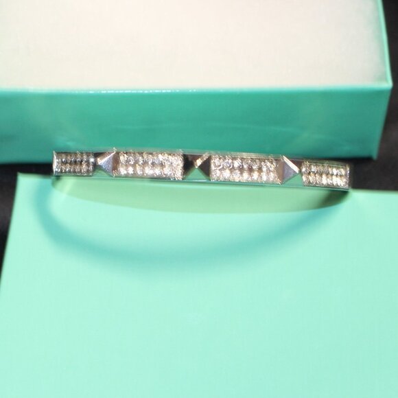 Silver-Tone Cuff Bracelet with Crystal Accents & Pyramid Stud Design - Picture 1 of 5